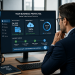 A business owner looking at a dashboard showing protected files, cloud backup icons, and a recovery timeline