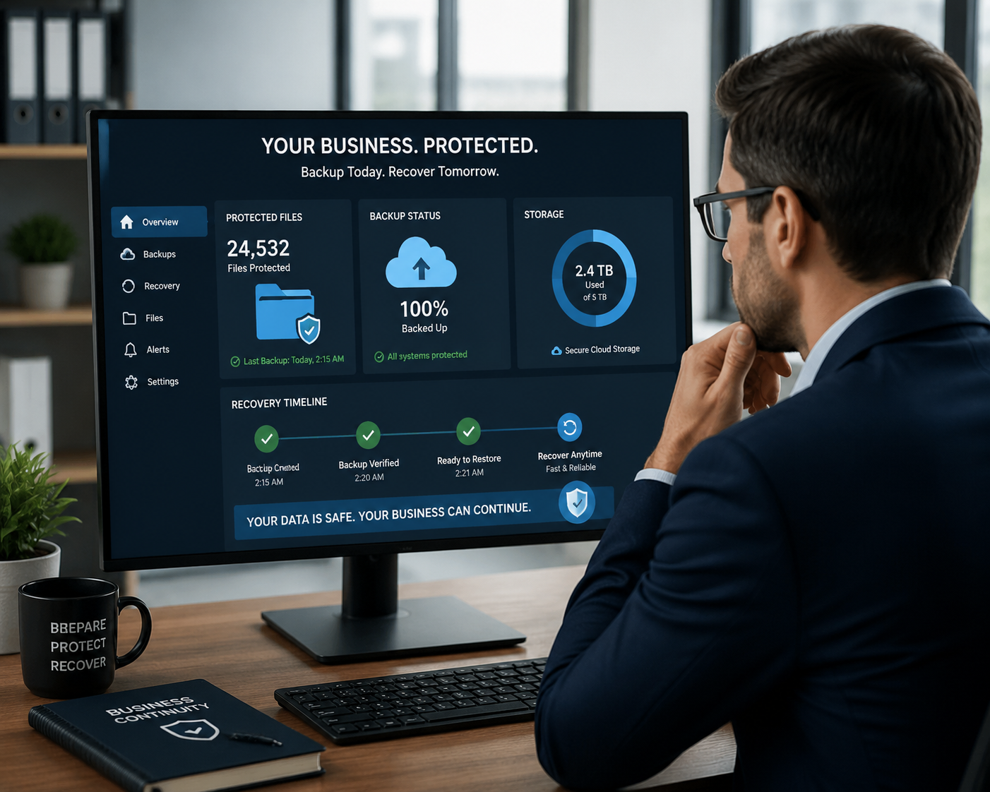 A business owner looking at a dashboard showing protected files, cloud backup icons, and a recovery timeline