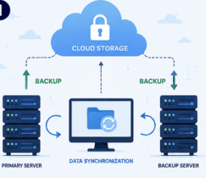 Diagram illustrating how a backup and disaster recovery plan protects business data.